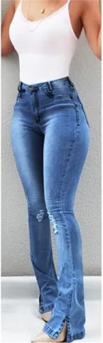 Vista 2 de Andongnywell - Pantalones de mezclilla rasgados con parte inferior acampanada para mujer, pantalones de mezclilla desgastados con corte de bota