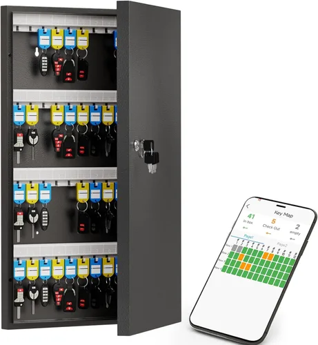 Vista 9 de Caja de 32 llaves con cerradura para llaves – Armario de llaves montado en la pared con doble cerradura (combinación de llave y 3 dígitos), estantes