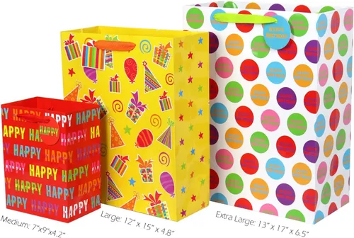 Vista 4 de 12 bolsas de regalo de cumpleaños, grandes, medianas y pequeñas, surtido de bolsas de regalo para niños, niñas, mujeres, hombres (tamaños surtidos)