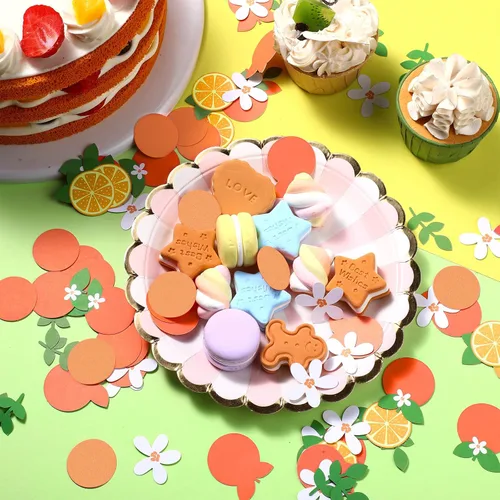 Vista 3 de 300 piezas de confeti Little Cutie Baby Shower Confeti cítricos, papel redondo naranja mandarina flor blanca verde eucalipto disperso para baby