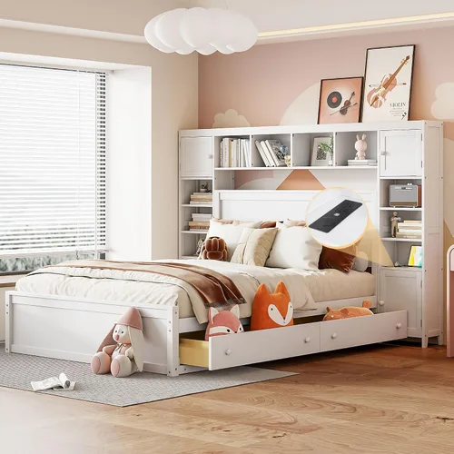Vista 13 de Versátil cama de plataforma de madera tamaño Queen con armario y nido todo en uno, estante y enchufes, para niños, adolescentes y adultos, uso