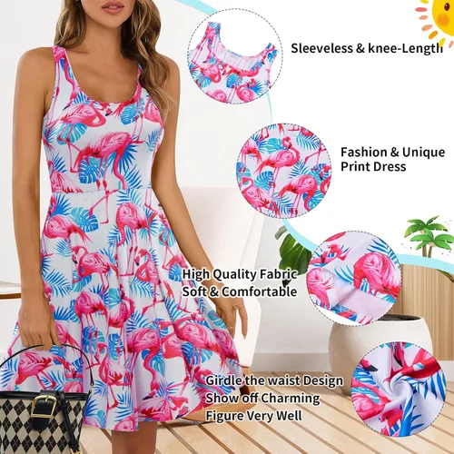 Vista 88 de uideazone - Vestido de mujer sin mangas cuello redondo de verano, para playa, casual, Midi línea A.