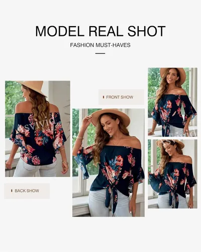 Vista 3 de Asvivid - Blusas veraniegas de hombros descubiertos, con mangas de 34 acampanadas, lazo decorativo y estampado floral, para mujer, camiseta