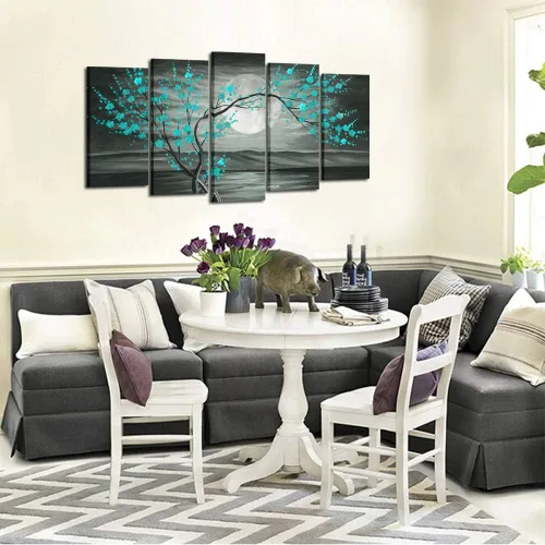 Vista 3 de KREATIVE ARTS Lienzo grande de 5 piezas de impresiones artísticas para pared, color verde azulado, gris, ciruelo, árbol de flor de ciruelo, pinturas
