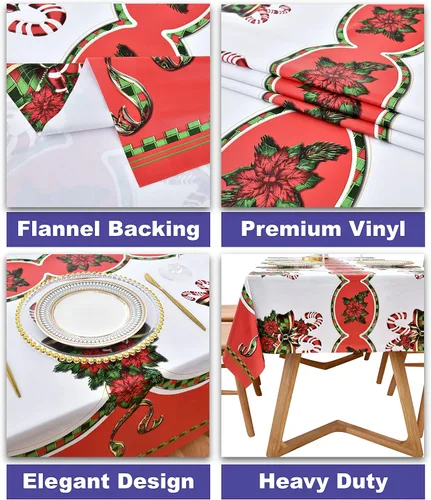 Vista 4 de Rally Home Goods Mantel rectangular de vinilo de alta calidad, color rojo festivo para Acción de Gracias y Navidad, cubierta protectora de plástico