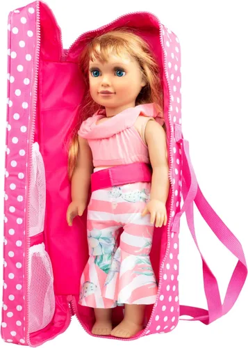 Vista 2 de Estuche de transporte para muñecas – (lunares rosados) para cualquier muñeca de 18 pulgadas – Organizador de almacenamiento de accesorios de viaje