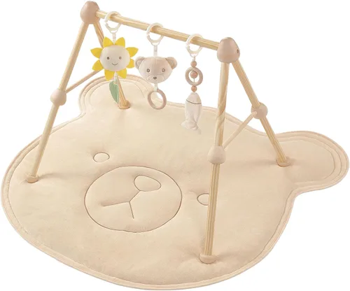 Vista 11 de Tapete de madera 4 en 1 para gimnasio y actividades para bebés, tapete de algodón suave para bebés de 0 años, con 3 juguetes desmontables