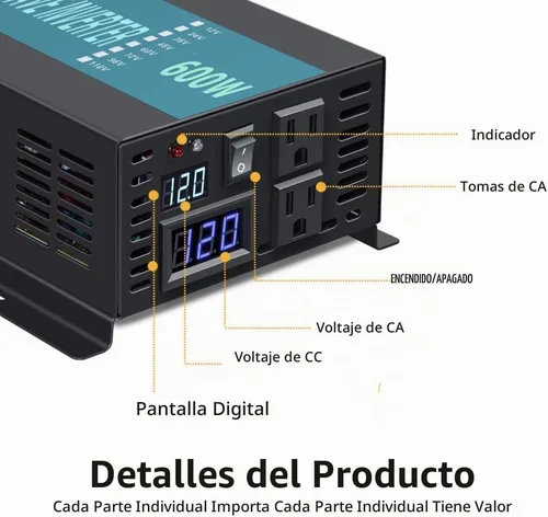 Vista 2 de WZRELB Inversor de Onda Senoidal Pura 600W 12V DC a 120V AC Convertidor de Potencia 1200W de Pico