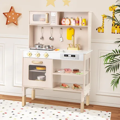 Vista 9 de Costzon Cocina de Juego para Niños, Juego de Cocina Ajustable en Altura con Luces y Sonidos Reales, Microondas, Horno, Estufas, Fregadero y Grifo