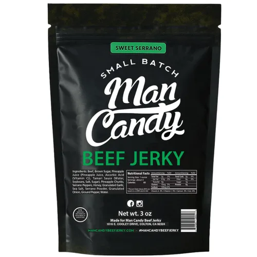 Vista 11 de Man Candy - Bocadillo de carne seca con sabor a barbacoa, sabor ahumado y dulce, alta proteína, 3 onzas