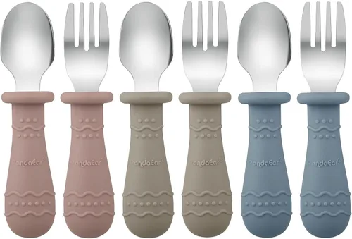 Vista 3 de PandaEar Cucharas de silicona para bebés y utensilios para niños pequeños (azul/marrón/rojo)