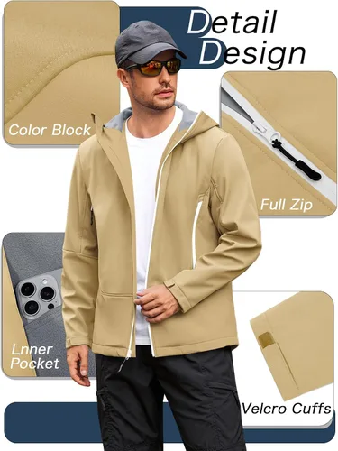 Vista 4 de Runcati Chaqueta Softshell para hombre, con forro polar, rompevientos, bloque de color, impermeable, con capucha, para senderismo