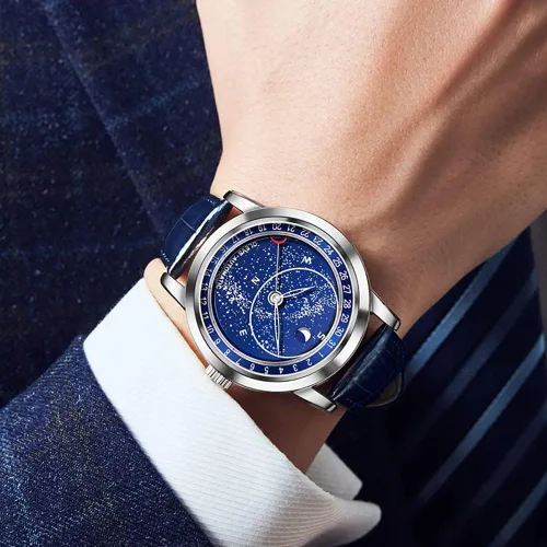 Vista 4 de OLEVS Reloj para hombre esfera de cielo estrellado Universo de Vía Láctea cuerda automática correa de cuero azul vestido de moda impermeable