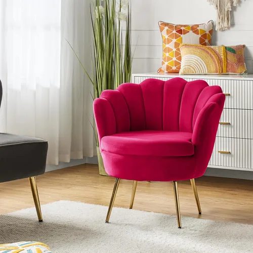 Vista 31 de HULALA HOME Silla decorativa moderna de terciopelo con respaldo en forma de concha, bonito sillón para sala de estar, dormitorio con patas doradas