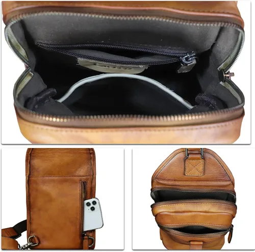 Vista 7 de LRTO Bolso de cuero genuino para hombres y mujeres retro de cuero bandolera bolso bandolera bolso de hombro bolsa de pecho