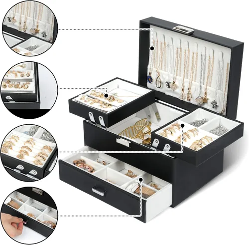 Vista 2 de Dajasan Cajas de joyería para mujeres y niñas, caja organizadora de joyas, 3 capas, organizador de almacenamiento de joyas para aretes, anillos