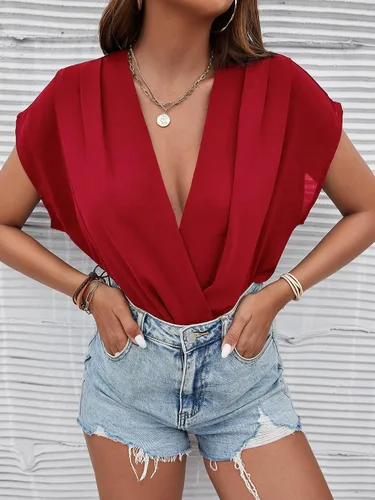 Vista 5 de SheIn Body cruzado con cuello en V profundo para mujer, manga casquillo, leotardo liso
