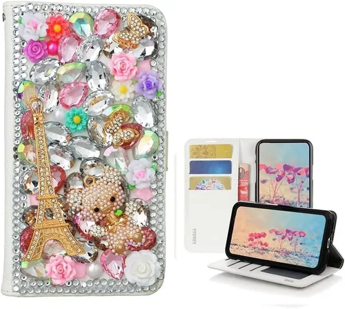 Vista 17 de Bling - Funda tipo cartera para teléfono compatible con Samsung Galaxy Z Fold 3 5G, elegante, hecha a mano, atrapasueños con colgante de perlas