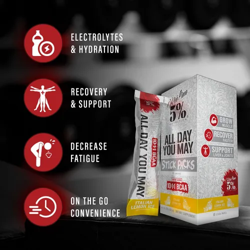 Vista 3 de 5% Nutrition Rich Piana AllDayYouMay BCAA Powder 9g de aminoácidos premium intra y post entrenamiento para hidratación, resistencia, recuperación