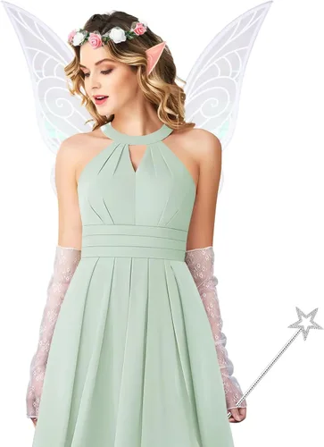 Vista 7 de MOVINPE Halloween Fairy Wings Elf Ears Fairy Wand Floral Headband Lace Sleeve Little Bag Dress Up Accessories for Women Girls