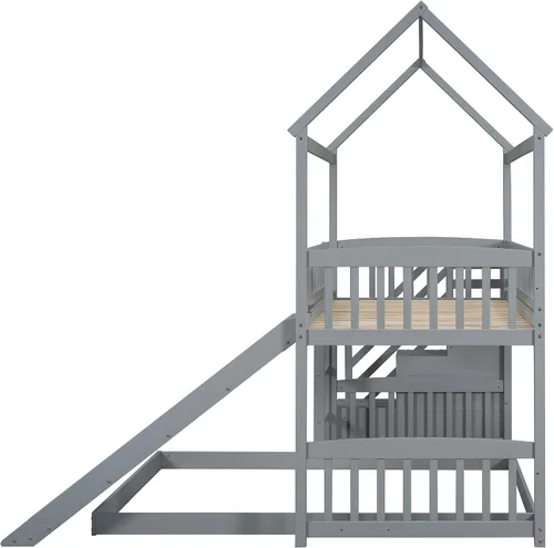 Vista 7 de Litera individual sobre cama matrimonial con tobogán, litera de madera con techo y escalera, color gris