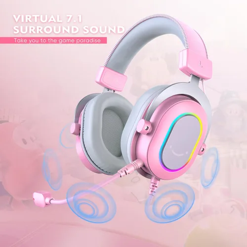 Vista 2 de FIFINE Auriculares para juegos de PC, auriculares con cable USB con micrófono, sonido envolvente 7.1, control en línea, auriculares RGB sobre