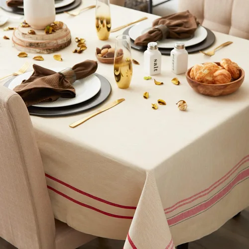 Vista 6 de DII - Mantel para mesa de comedor, estilo rústico, colección de manteles con rayas estilo francés, 60 x 84 pulgadas, color gris pardo/rojo