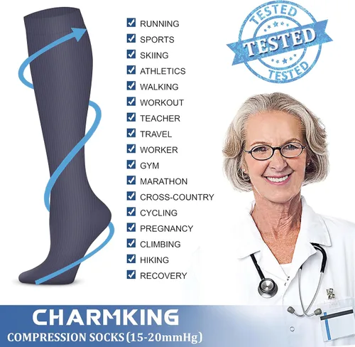 Vista 6 de CHARMKING Calcetines de compresión para mujeres y hombres (4 pares) de 15 a 20 mmHg es el mejor apoyo para atletismo, correr, ciclismo