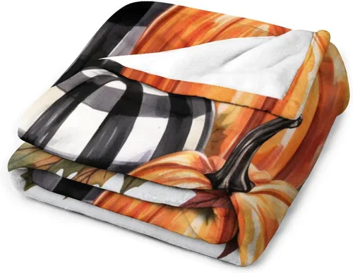 Vista 3 de Manta de lana cuadriculada con diseño de calabaza, hojas de arce, Acción de Gracias, manta de cama para otoño, Acción de Gracias, ligera, súper
