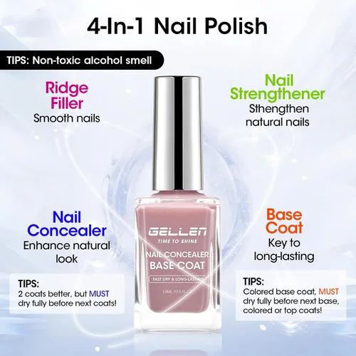 Vista 3 de GELLEN Corrector de Uñas Base Iluminador 4 en 1 Rosa Púrpura Empolvado, Fortalecedor de Uñas Malva Transparente de Otoño Relleno de Crestas