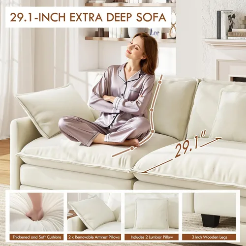 Vista 4 de Sofá de nube en forma de L de 77 pulgadas, sofá modular con otomana, cómodo sofá biplaza de felpilla con almohada para sala de estar, dormitorio