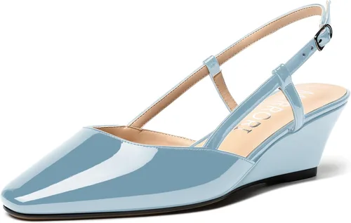 Vista 25 de MERRORI Zapatos de tacón bajo de cuña con hebilla y punta cuadrada para mujer, de patente sólida, de 2 pulgadas Beige