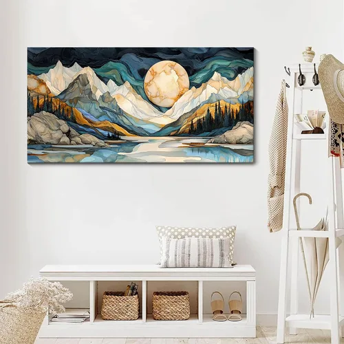 Vista 4 de JEAWA Arte de Pared en Lienzo Grande - Pintura Abstracta de 24x48 Pulgadas en Tela, Imágenes Texturizadas de Montañas como Regalos para Amigos
