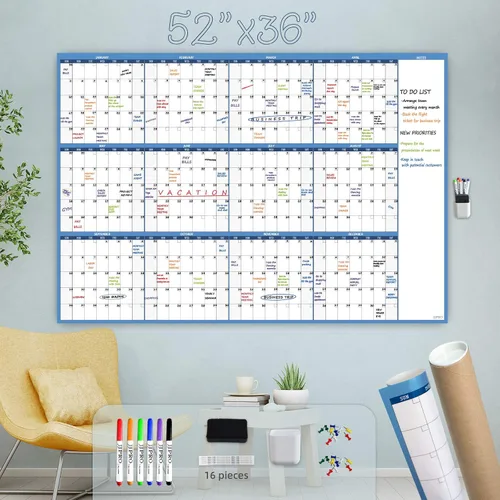 Vista 8 de Calendario de pared de borrado en seco, 38 x 26 pulgadas, calendario anual sin fecha en blanco, planificador laminado de alta calidad, calendario