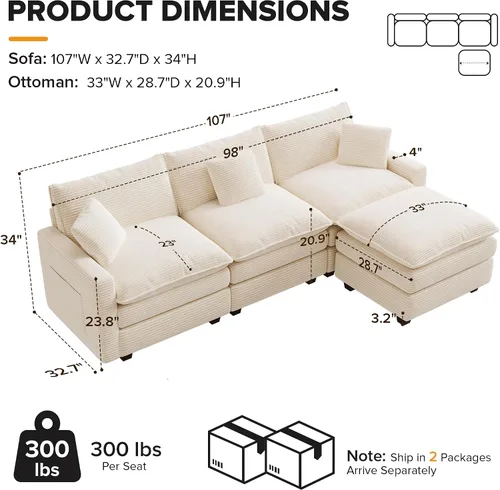 Vista 2 de Sofá seccional modular de 107", sofá de nube en forma de L con otomana Beige