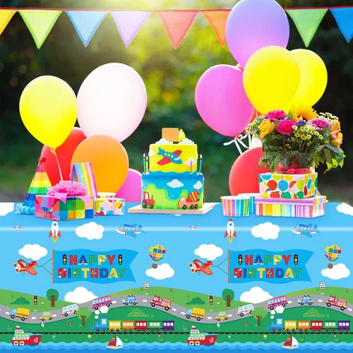 Vista 7 de Tegeme Paquete de 3 suministros de fiesta de cumpleaños de transporte, manteles de transporte, decoraciones de cumpleaños, fundas de mesa