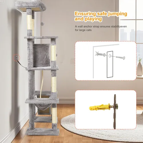 Vista 8 de Árbol grande para gatos, torre para gatos de varios niveles de 65 pulgadas de alto con postes rascadores cubiertos de sisal, condominio, hamaca
