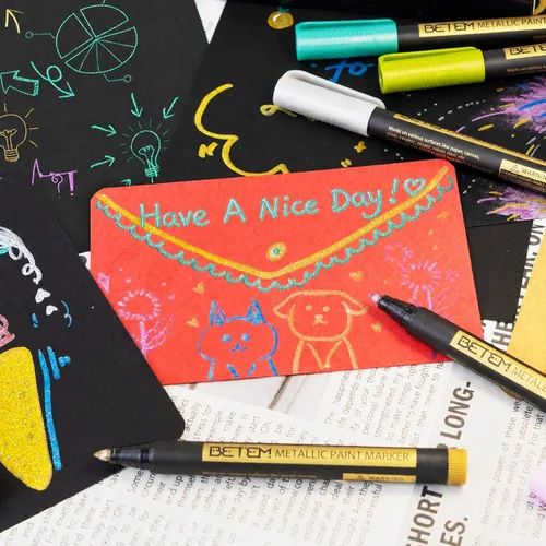 Vista 6 de Betem Marcadores de pintura metálica, marcadores metálicos acrílicos de 26 colores para papel negro, bolígrafos con purpurina de punta media