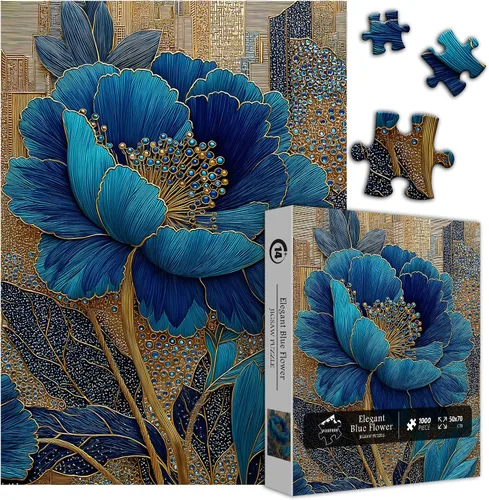 Vista 2 de Rompecabezas de flores azules para adultos de 1000 piezas, hermosos rompecabezas florales elegantes vintage, rompecabezas con temática de plantas