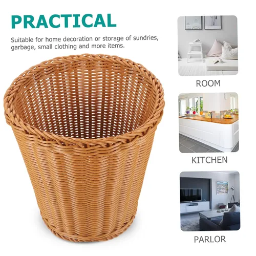Vista 2 de Elegante cubo de basura tejido natural tapa de cesta de gran capacidad para sala de estar estudio