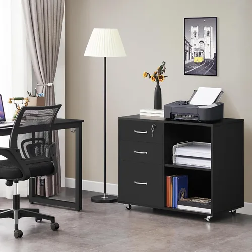 Vista 4 de Topeakmart Archivador negro con cerradura para letra A4, tamaño A4, archivador lateral de 3 cajones, soporte de impresora con compartimentos