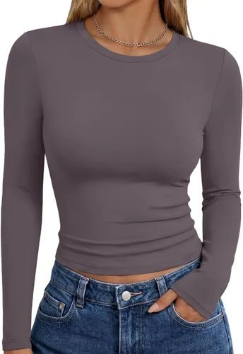Vista 49 de Trendy Queen Camisetas de manga larga para mujer, camisetas básicas de Verde militar