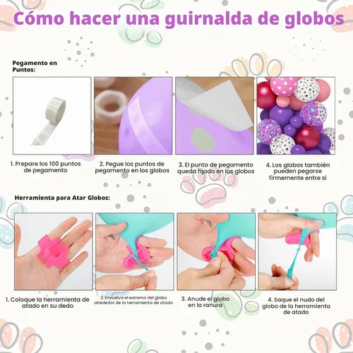 Vista 4 de Kit de arco de guirnalda de 147 piezas de globos con diseño de pata con globos con estampado de pata de perro rosa, morado, turquesa, globos
