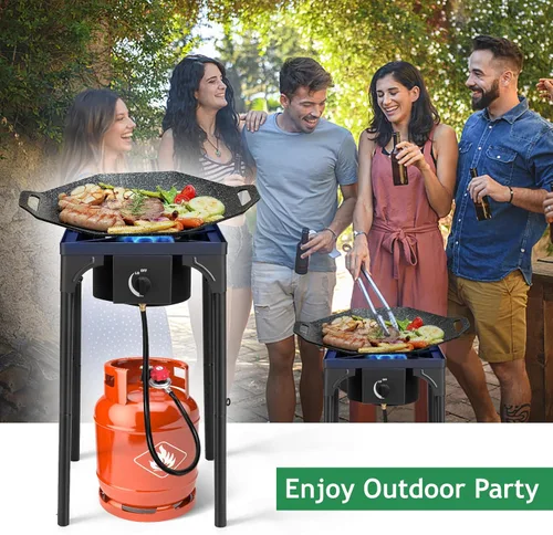 Vista 3 de Outvita Estufa de camping de gas portátil de 75,000 BTU, quemador de propano para exteriores con regulador de 20 psi, cocinilla individual de alta