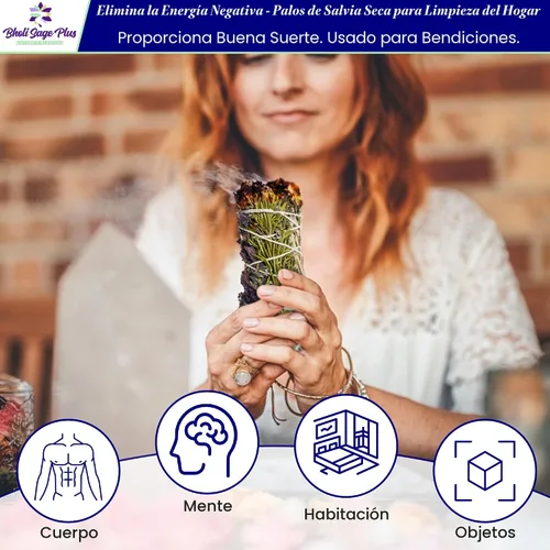Vista 5 de Kit de manchas de salvia para la limpieza de energía negativa, hogar y creación de la energía de la felicidad, palitos de salvia con romero