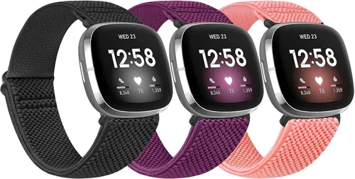 Vista 17 de Paquete de 3 correas elásticas de nailon compatibles con Fitbit Versa 4/Versa 3/Sense 2/Sense, suave, ajustable, transpirable, correas de repuesto