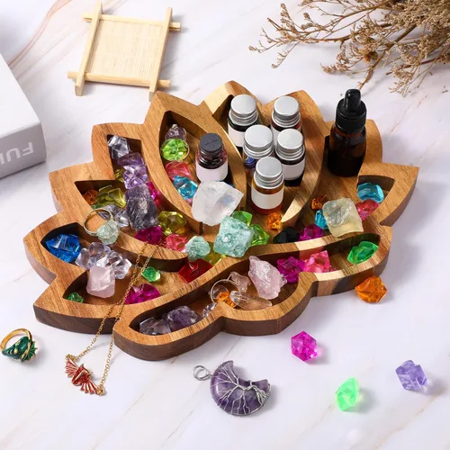 Vista 4 de Vesici Bandeja de cristal de loto para piedras, cristales y piedras curativas, bandeja de almacenamiento de cristal de madera con forma de loto