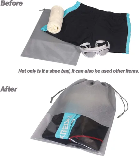 Vista 6 de 12 bolsas de zapatos para viajes, no tejidas con cuerda para hombres y mujeres, bolsa organizadora de almacenamiento de zapatos grandes, Negro