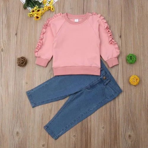 Vista 2 de Sudadera de manga larga con volantes, pantalones de mezclilla, 2 piezas