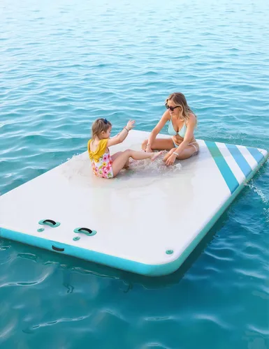 Vista 3 de Muelle flotante inflable, plataforma de muelle de aire, superficie antideslizante, flotadores gruesos para lago con bolsa de transporte portátil
